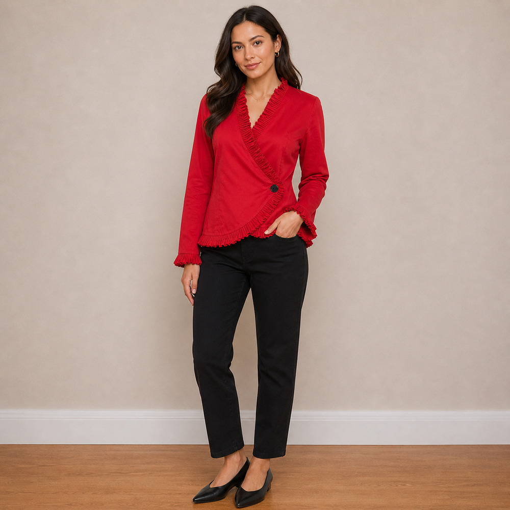 Go by GoSilk Red Ruffle Trim Wrap Jacket Blazer Cotton Stretch Size PM Anthro